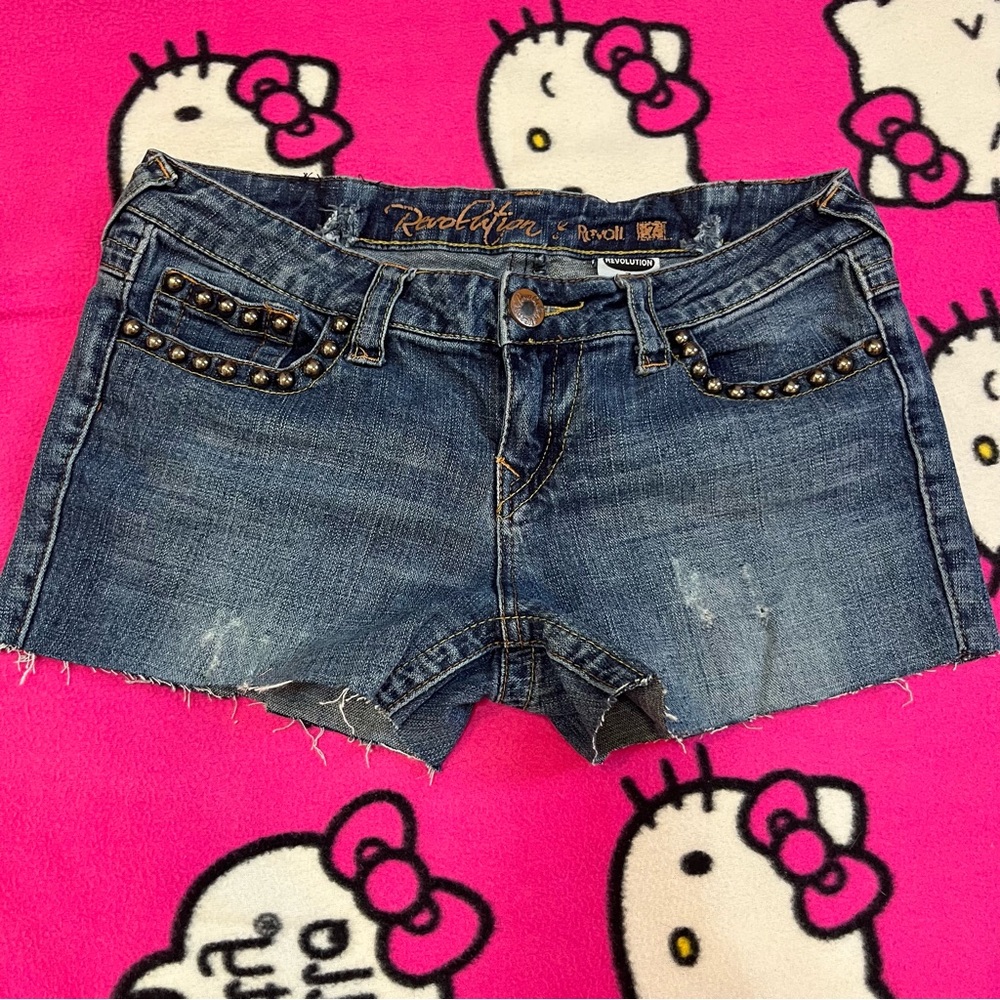 Revolt vintage medium wash embellished Studded Denim Cutoff Shorts